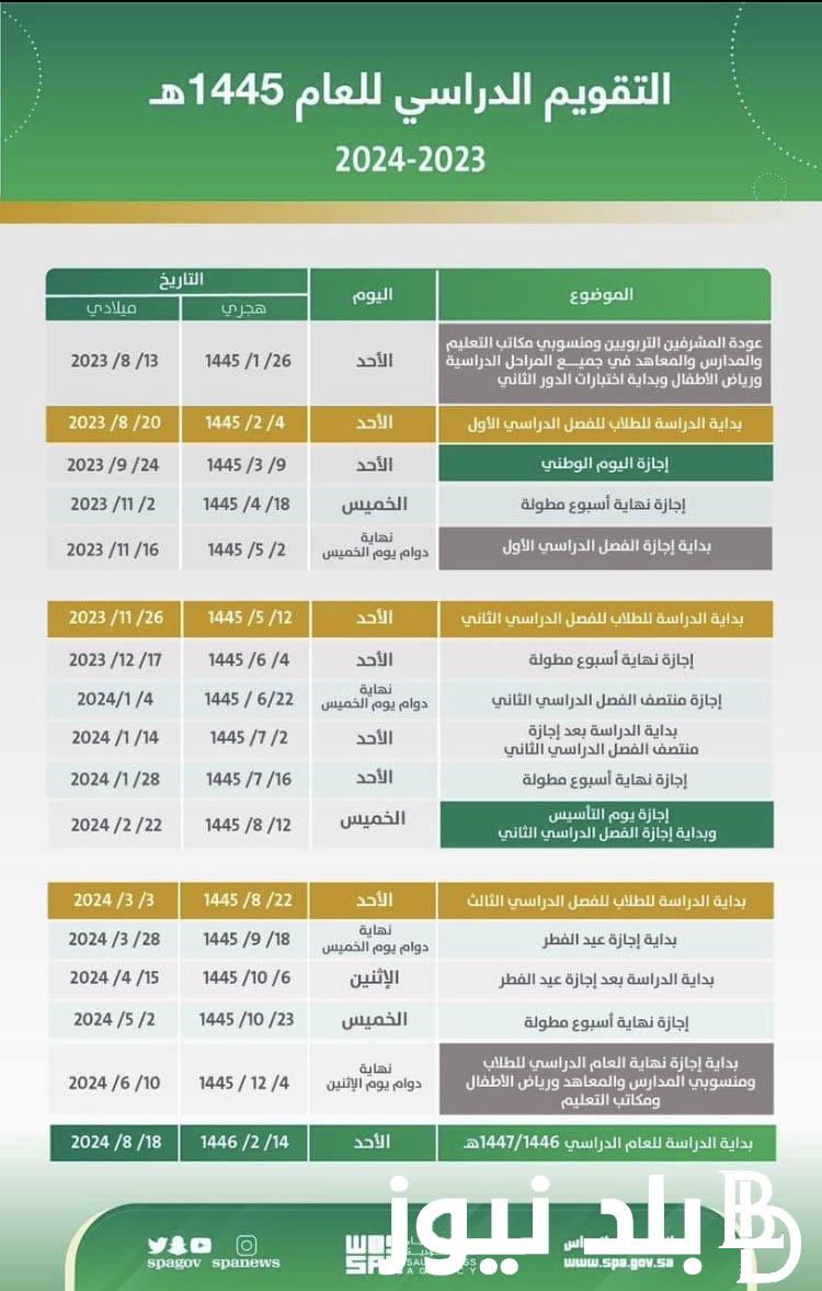 جدول اجازات الترم الثاني ١٤٤٥ و ما هو موعد الإجازة المطولة والتقويم الدراسي للثلاث فصول
