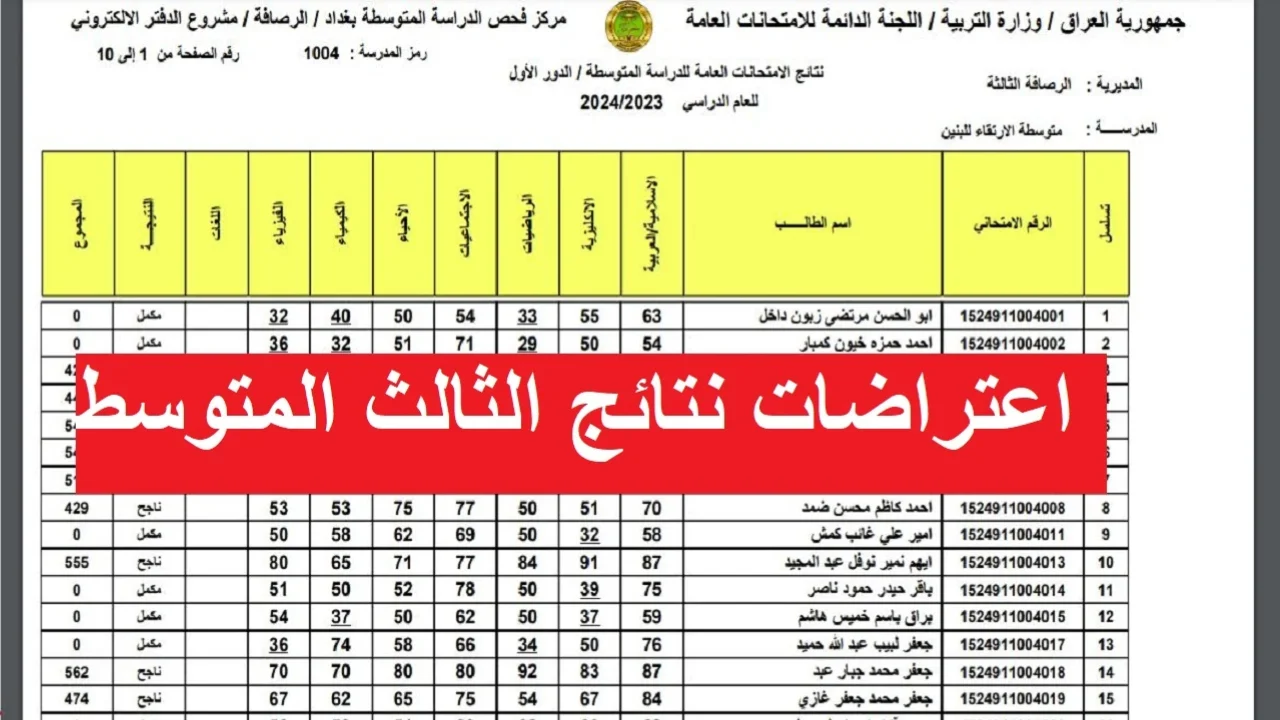 “استخرج الان” نتائج اعتراضات الثالث متوسط 2024 دور أول ببغداد والرصافة بالاسم والرقم الامتحاني من خلال موقع وزارة التربية العراقية